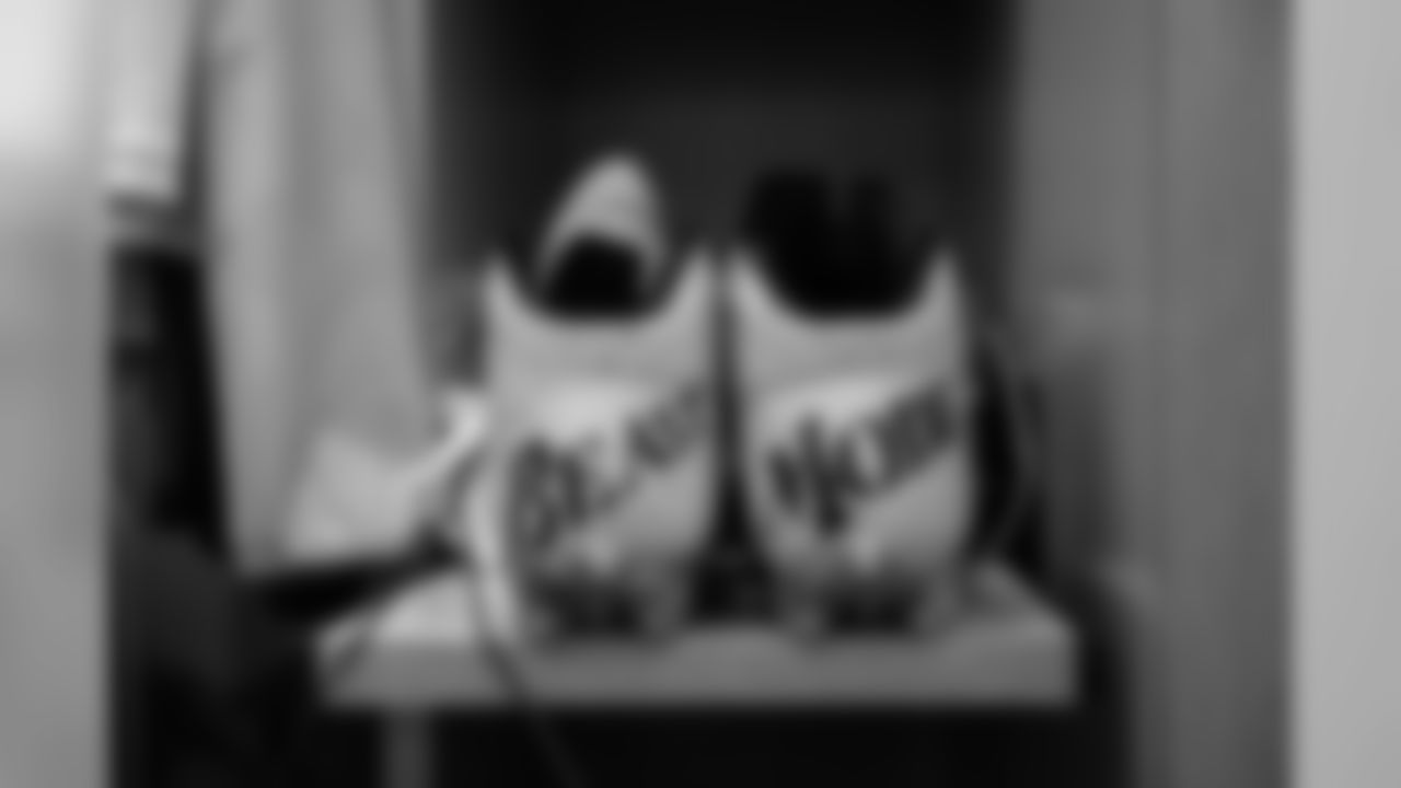 These customized cleats were waiting in Marshawn Lynch's locker at MetLIfe Stadium.
