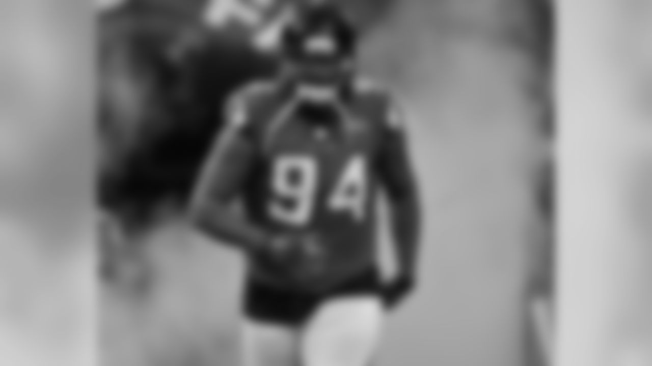 Defensive end Tyson Jackson (94) of the Atlanta Falcons takes the field for play against Tampa Bay Buccaneers November 1, 2015 at the Georgia Dome in Atlanta. The Buccaneers won the NFL game 23 - 20 in overtime. (Al Messerschmidt via AP)