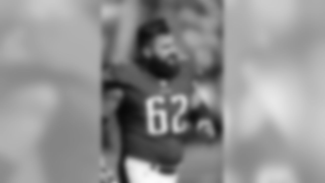 Philadelphia Eagles offensive center Jason Kelce (62) looks up from the sideline with his helmet off during a NFL football game against the Atlanta Falcons, Sunday, November 13, 2016 in Philadelphia. The Eagles won the game 24-15. (Paul Jasienski via AP)