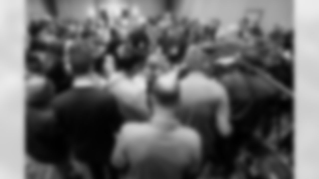 Media members gather around Green Bay Packers head coach Matt LaFleur during the NFC head coaches availability at the NFL meetings, Tuesday, March 28, 2023, in Phoenix. (Darryl Webb/AP Images for the NFL)
