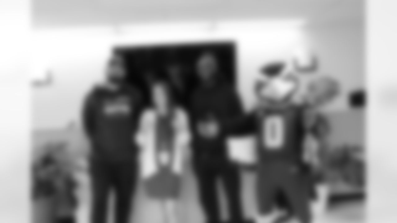 Seahawks players Abraham Lucas and Dareke Young were joined by Blitz as they visited a children's hospital on July 06, 2023 in Anchorage, AK. They spent the day with the patients and donated shoes as part of the Kicks4Kids program.