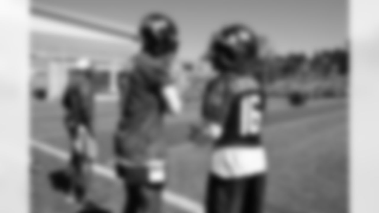 Seahawks quarterback Geno Smith (7) and wide receiver Tyler Lockett (16) at practice Wednesday at the Virginia Mason Athletic Center in Renton, Wash. on Aug. 16, 2023.