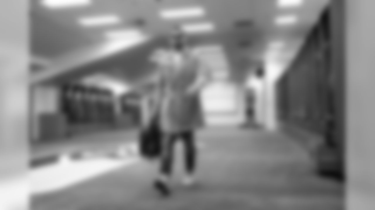 Stylish tight end Nick Vannett arrives to a nearly empty locker room hours before kickoff.