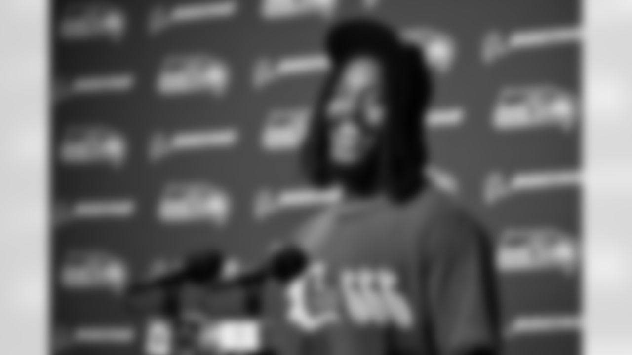 Seahawks linebacker Tyreke Smith (92) speaks with media after a preseason win over the Dallas Cowboys at Lumen Field in Seattle, Wash. on August 19, 2023.