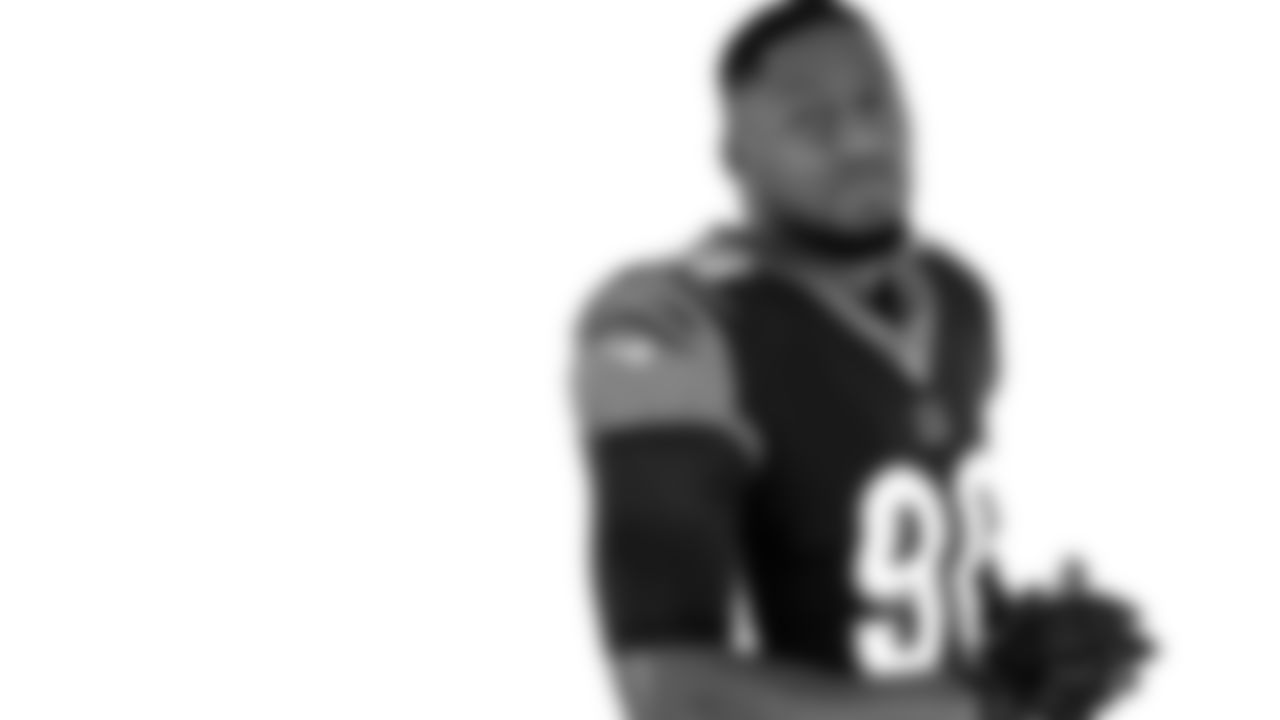 Cincinnati Bengals defensive end Carlos Dunlap (96) poses for a photo on media day, Monday, June 10, 2019 in Cincinnati. (Aaron Doster via AP)