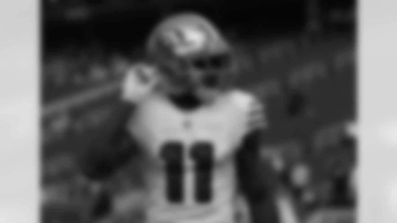 San Francisco 49ers wide receiver Marquise Goodwin (11) before an NFL football game against the Los Angeles Rams in Santa Clara, Calif., Sunday, Oct. 21, 2018. (AP Photo/Josie Lepe)