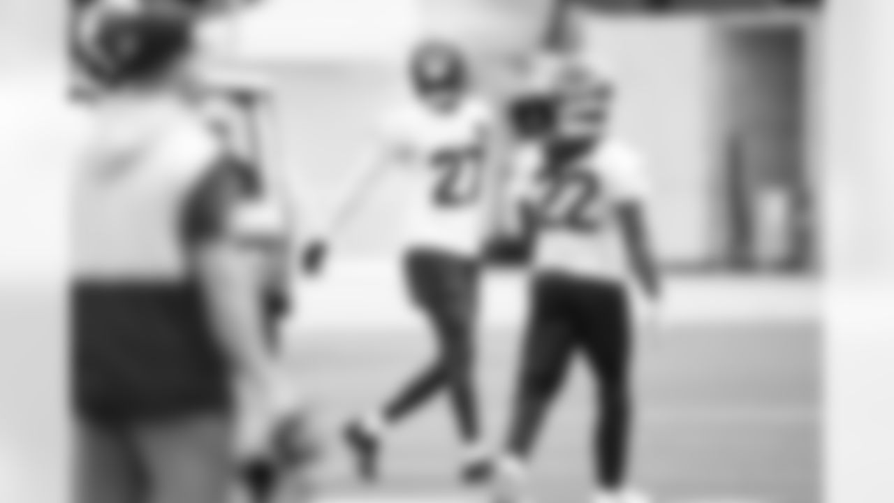 Seahawks cornerback Riq Woolen (27) and cornerback Tre Brown (22) participated at practice on August 6, 2023 at the Virginia Mason Athletic Center in Renton, Wash.