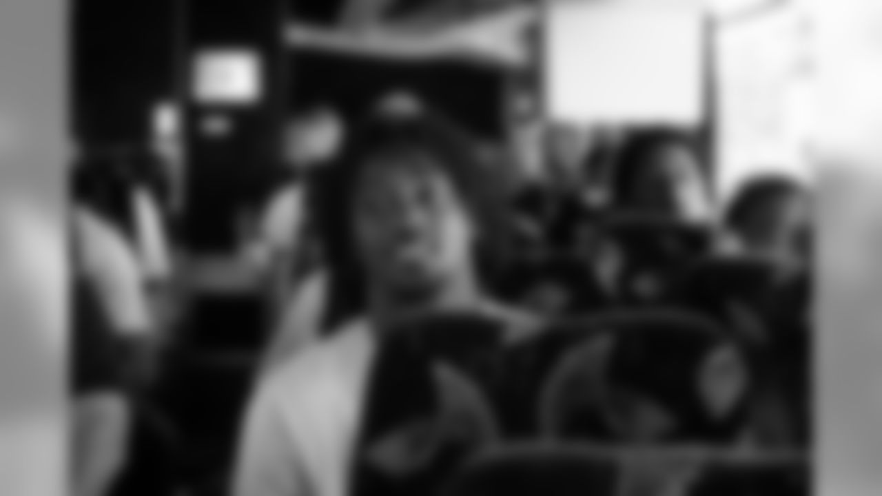 Cornerback Tre Flowers on the bus to the team's Sunday walk-thru and stadium visit.