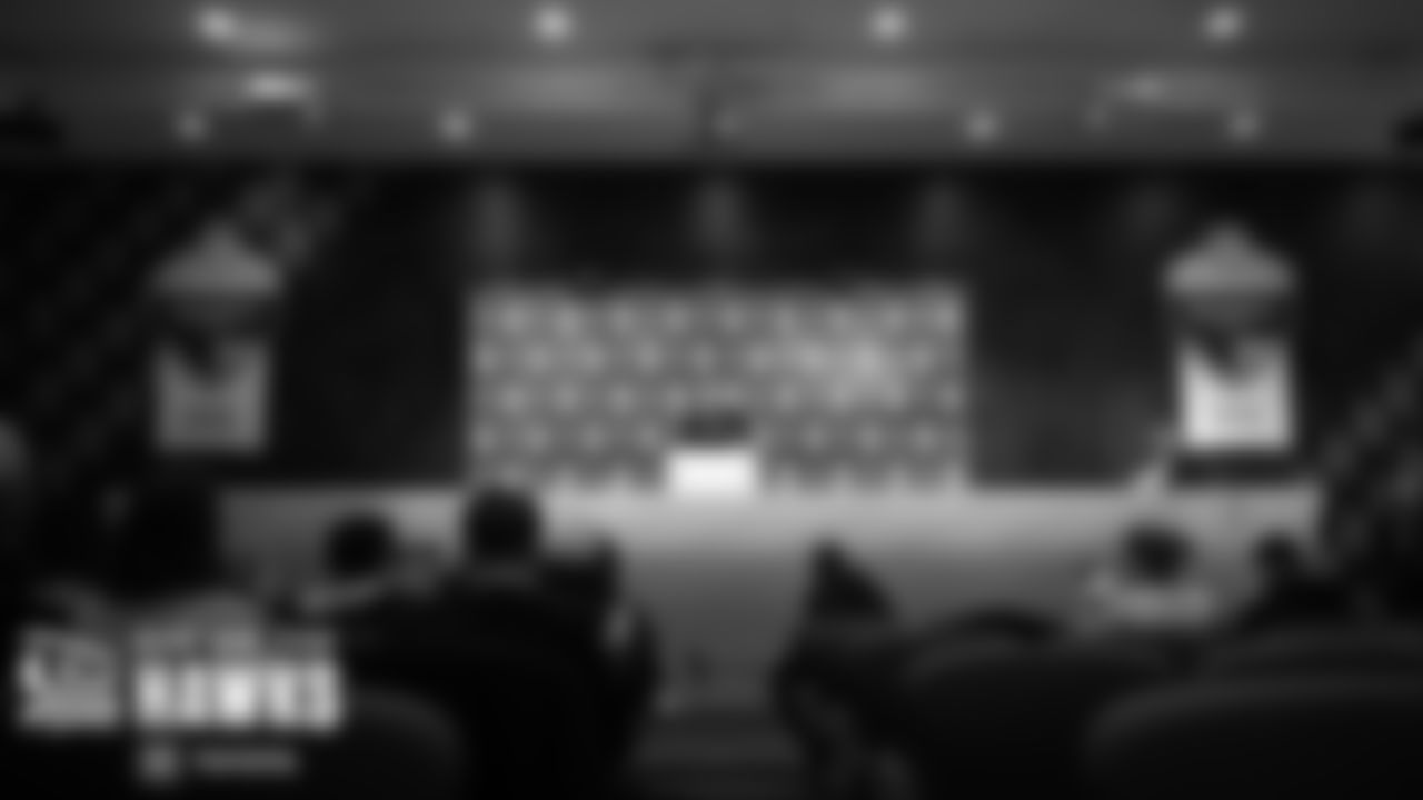 Head coach Pete Carroll appears in front of the media after the Seahawks particpated in the first-ever NFL game held in Germany.