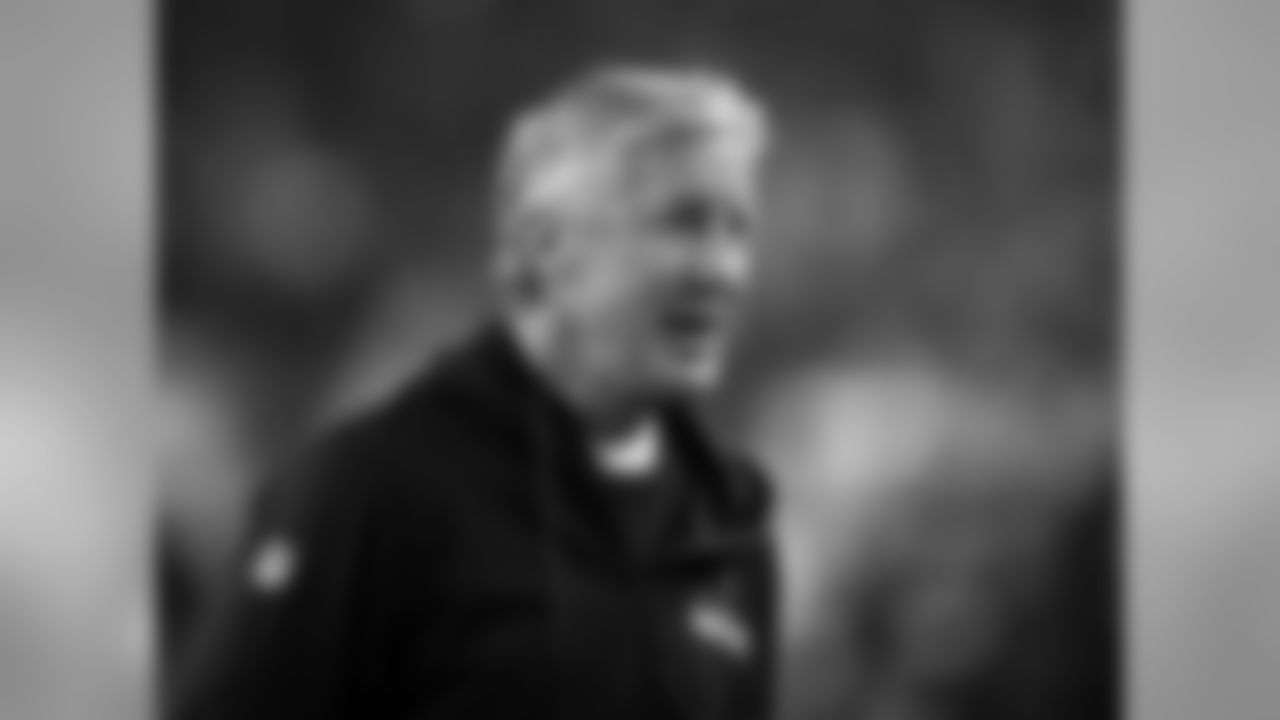 Seattle Seahawks head coach Pete Carroll watches his team warm up before an NFL football game against the New England Patriots, Sunday, Nov. 13, 2016, in Foxborough, Mass. (AP Photo/Charles Krupa)