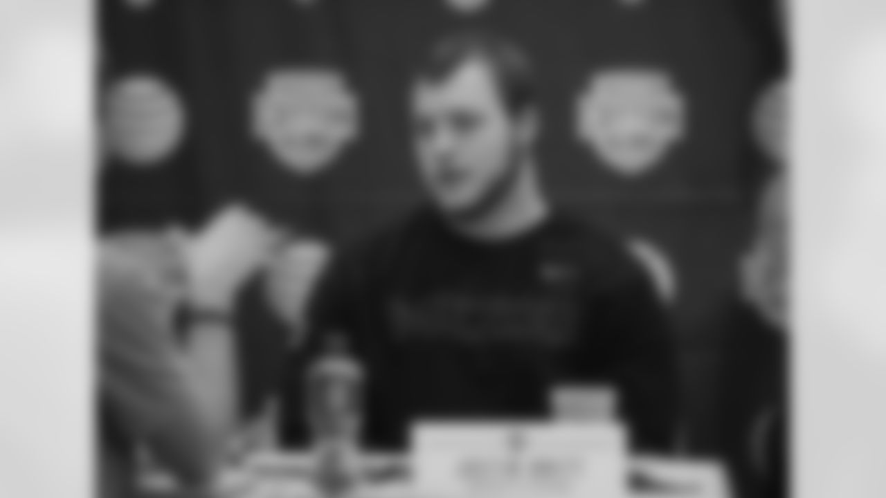 Missouri offensive lineman Justin Britt talks to reporters during an NCAA college football news conference Tuesday, Dec. 31, 2013, in Irving, Texas. Missouri will play Oklahoma State in the Cotton Bowl on Friday. (AP Photo/Tim Sharp)