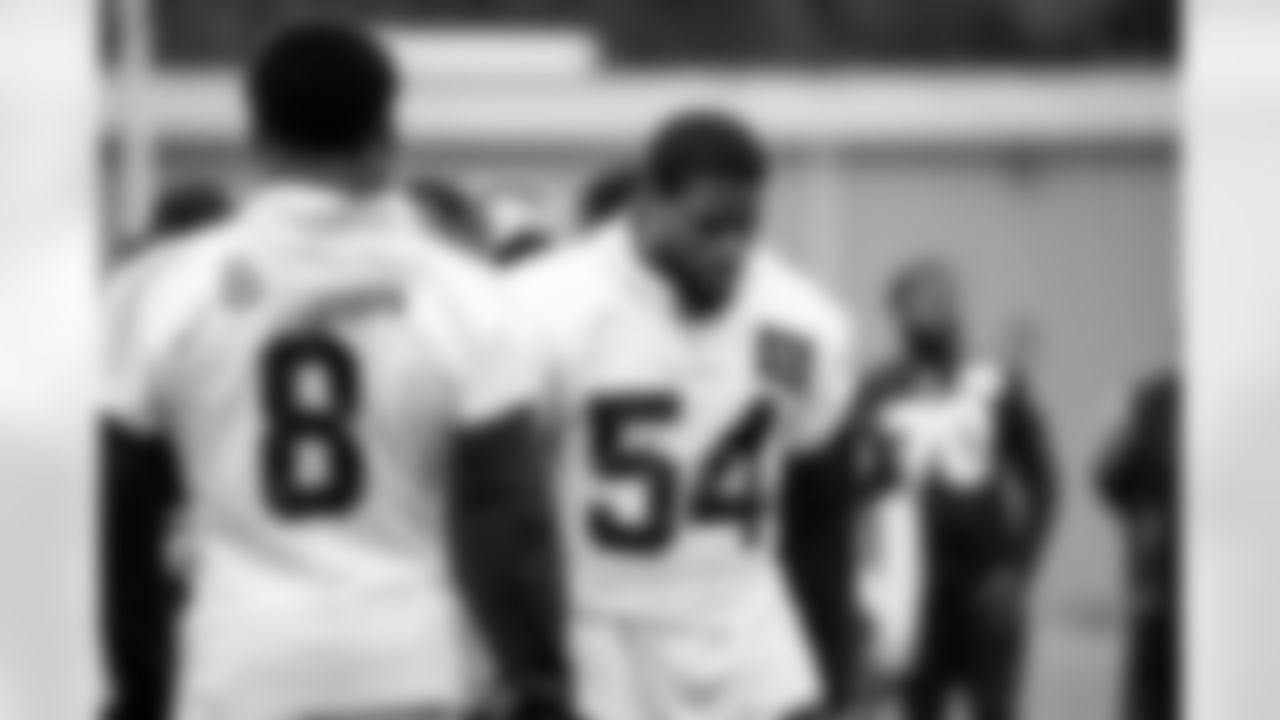 Seahawks cornerback Coby Bryant (8) and linebacker Bobby Wagner (54) at practice ahead of their preseason Thursday matchup at the Virginia Mason Athletic Center in Renton, Wash. on Aug. 9, 2023.