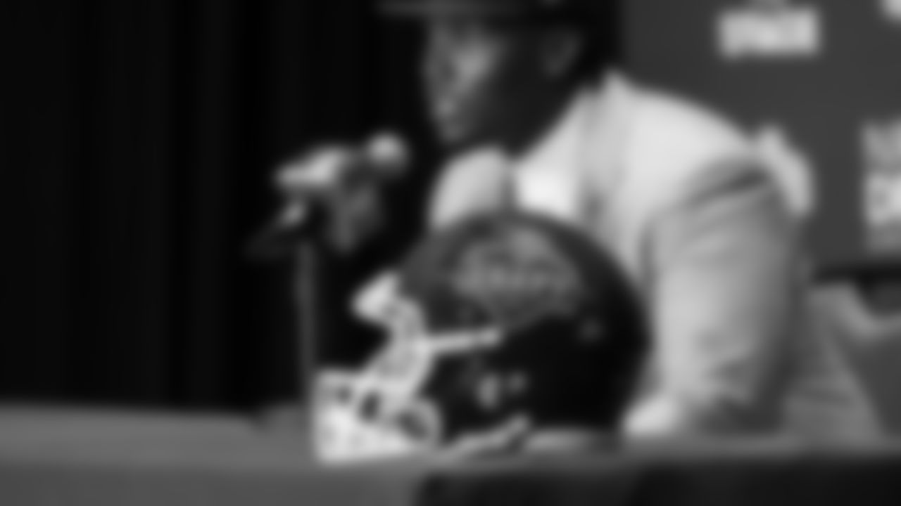 Seahawks first round draft pick Charles Cross does a media interview after being selected by the team in the first round of the 2022 NFL Draft in Las Vegas.
