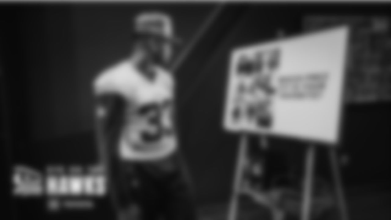 Safety Jamal Adams pauses by a Microsoft Surface asking players to vote for their favorite outfit of his from the 2021 season.