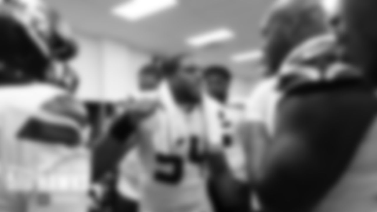Defensive captain Bobby Wagner fires up the team before leaving the locker room for kickoff.