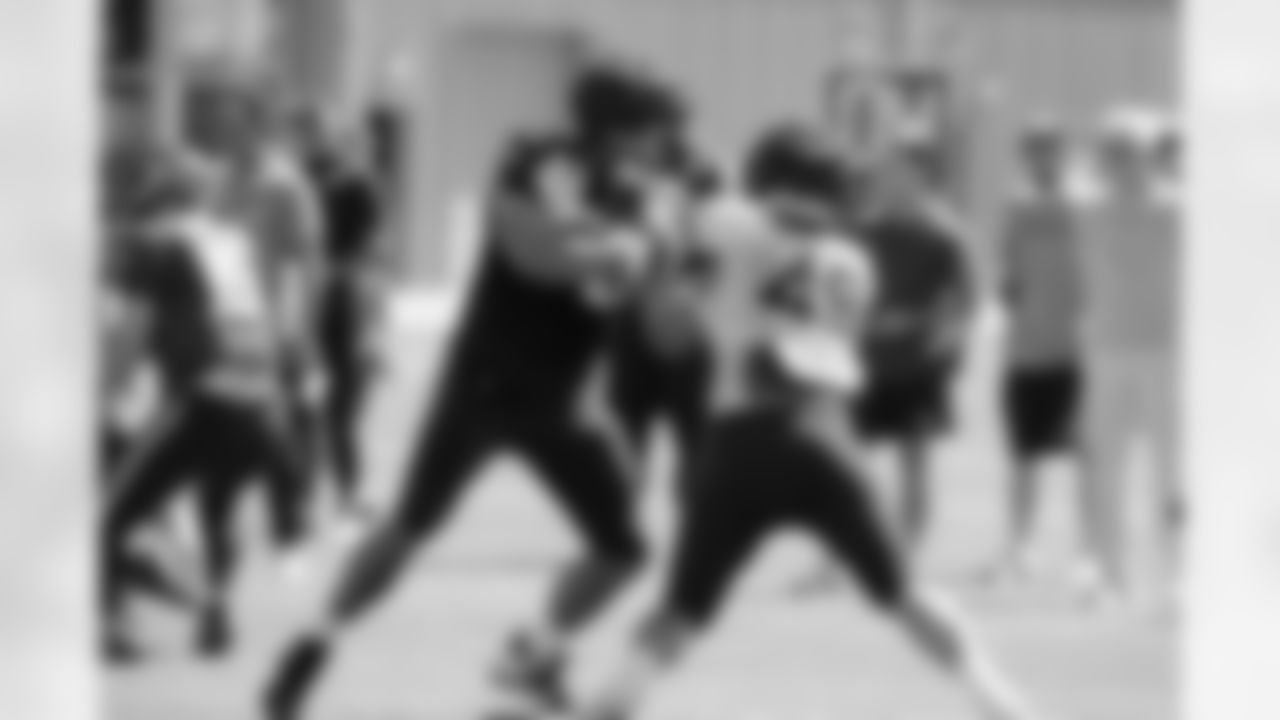 Seahawks tackle Stone Forsythe (78) and linebacker Joshua Onujiogu (49) practiced on Tuesday, August 1, 2023 at the Virginia Mason Athletic Center in Renton, Wash.