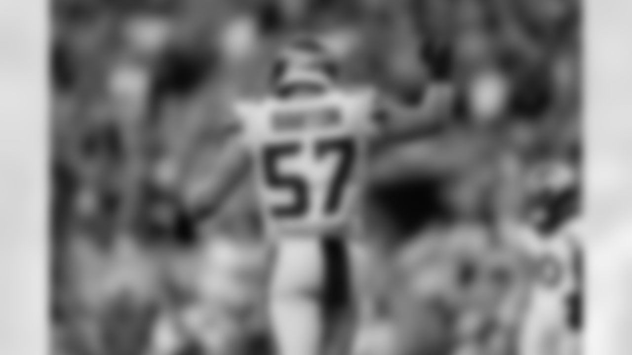 Seattle Seahawks linebacker Cody Barton (57) celebrates after making a stop during an NFL football game against the Denver Broncos on Monday, September 12, 2022 in Seattle, Washington. (Ryan Kang/NFL)