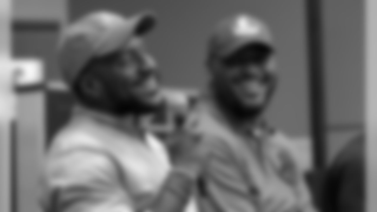 Former Seattle Seahawks' Jordan Babineaux, left, and Walter Jones address rookies during a panel discussion at the football team's training camp Monday, June 20, 2016, in Renton, Wash. The team is holding a rookie symposium for the new players to give them information about the NFL. (AP Photo/Elaine Thompson)