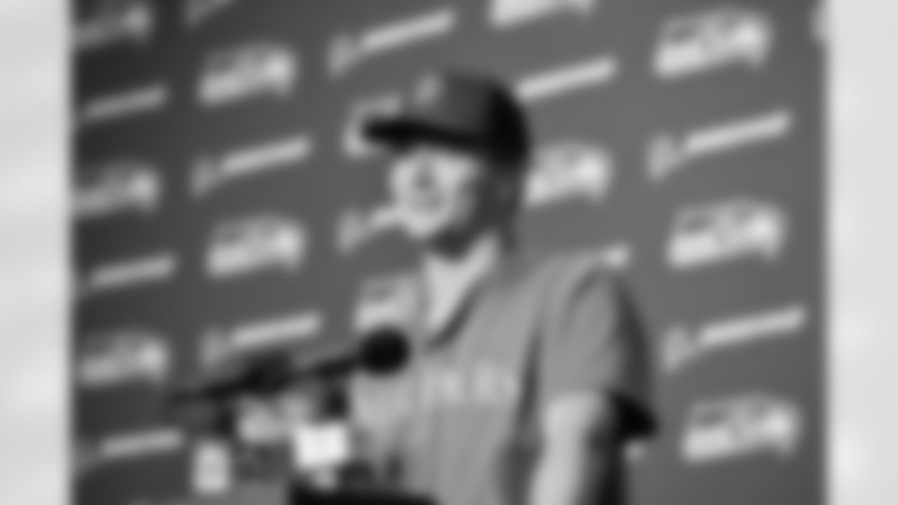 Seahawks quarterback Drew Lock (2) speaks with media after a preseason win over the Dallas Cowboys at Lumen Field in Seattle, Wash. on August 19, 2023.