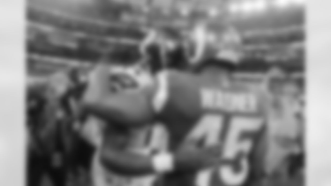 Seattle Seahawks wide receiver DK Metcalf (14) and Los Angeles Rams linebacker Bobby Wagner (45) speak after an NFL football game on Sunday, December 4, 2022 in Inglewood, California. (Ben Liebenberg/NFL)