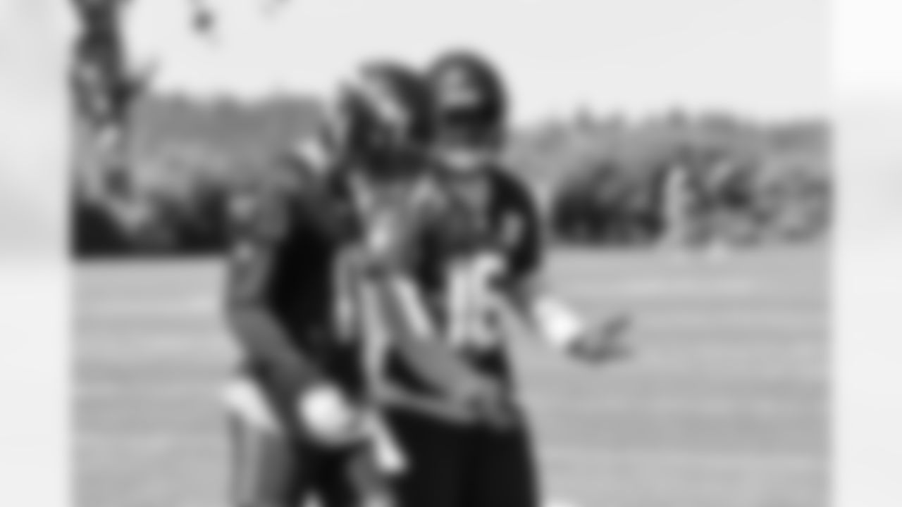 Seahawks wide receiver Jaxon Smith-Njigba (11) and wide receiver Tyler Lockett (16) at practice Wednesday at the Virginia Mason Athletic Center in Renton, Wash. on Aug. 16, 2023.