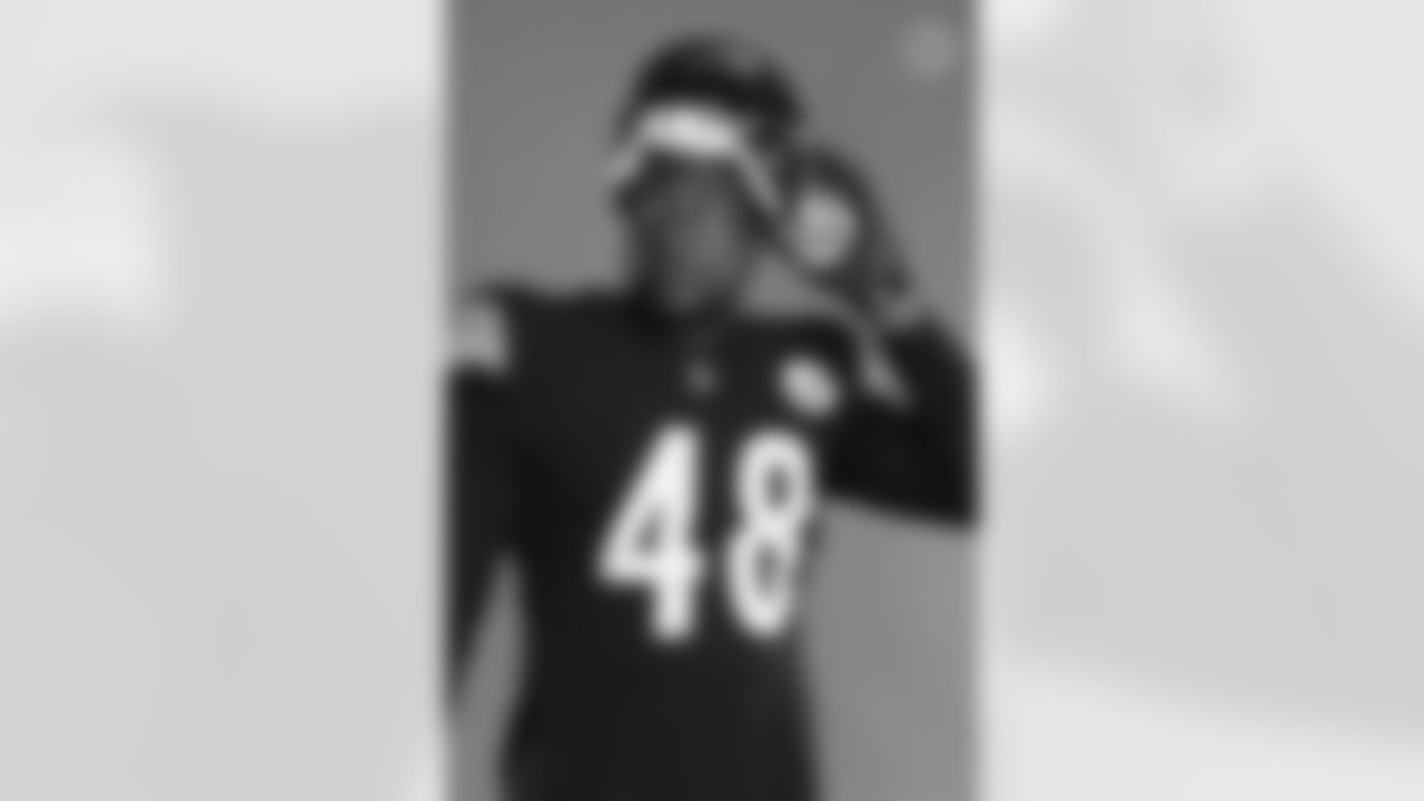 Pittsburgh Steelers linebacker Quincy Roche (48) poses for a photo during the Steelers 2021 media day, Saturday, July 24, 2021 in Pittsburgh, PA. (Caitlyn Epes / Pittsburgh Steelers)