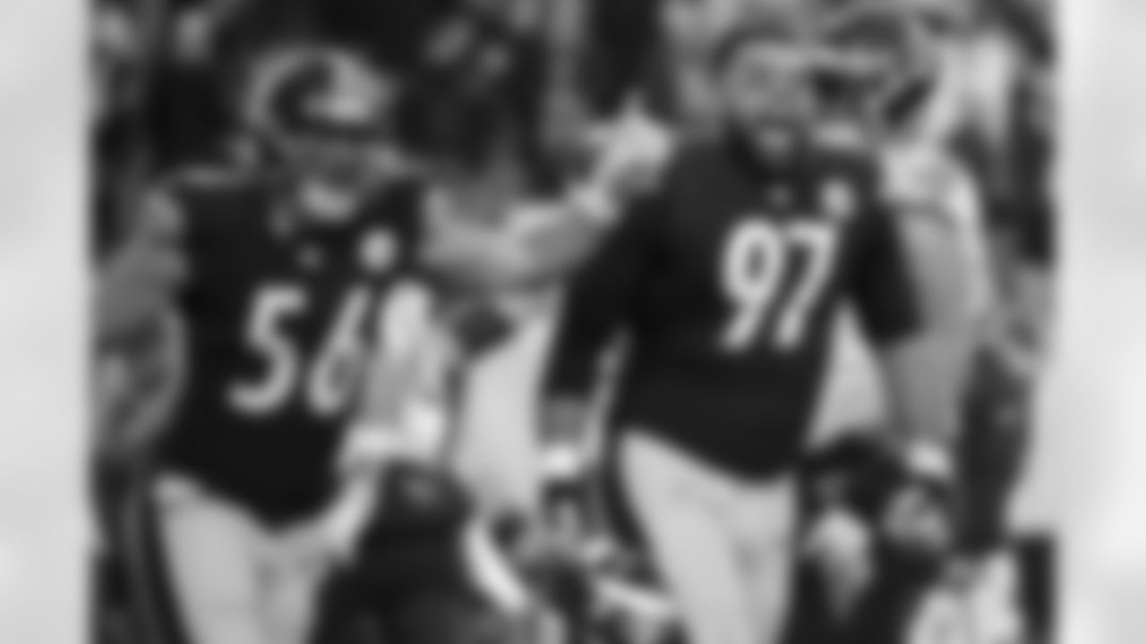 Pittsburgh Steelers defensive tackle Cameron Heyward (97) and Pittsburgh Steelers linebacker Alex Highsmith (56) during a regular season game between the Pittsburgh Steelers and the Tennessee Titans, Sunday, Dec. 19, 2021 in Pittsburgh, PA. The Steelers beat the Titans 19-13. (Caitlyn Epes / Pittsburgh Steelers)