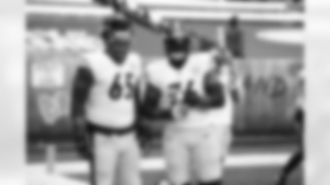 Pittsburgh Steelers offensive tackle Jerald Hawkins (65) and Pittsburgh Steelers offensive lineman Chukwuma Okorafor (76) during a regular season game between the Pittsburgh Steelers and the Cleveland Browns, Sunday, Jan. 3, 2021 in Cleveland, OH. (Karl Roser / Pittsburgh Steelers)