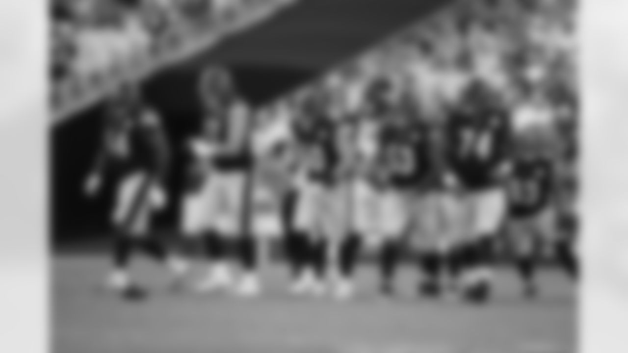 Pittsburgh Steelers offensive lineman Trent Scott (64), Pittsburgh Steelers offensive tackle John Leglue (77), Pittsburgh Steelers center J.C. Hassenauer (60), Pittsburgh Steelers center Kendrick Green (53) and Pittsburgh Steelers offensive tackle Chaz Green (74) during a preseason game between the Pittsburgh Steelers and the Detroit Lions, Sunday, Aug. 28, 2022 in Pittsburgh, PA. (Karl Roser / Pittsburgh Steelers)
