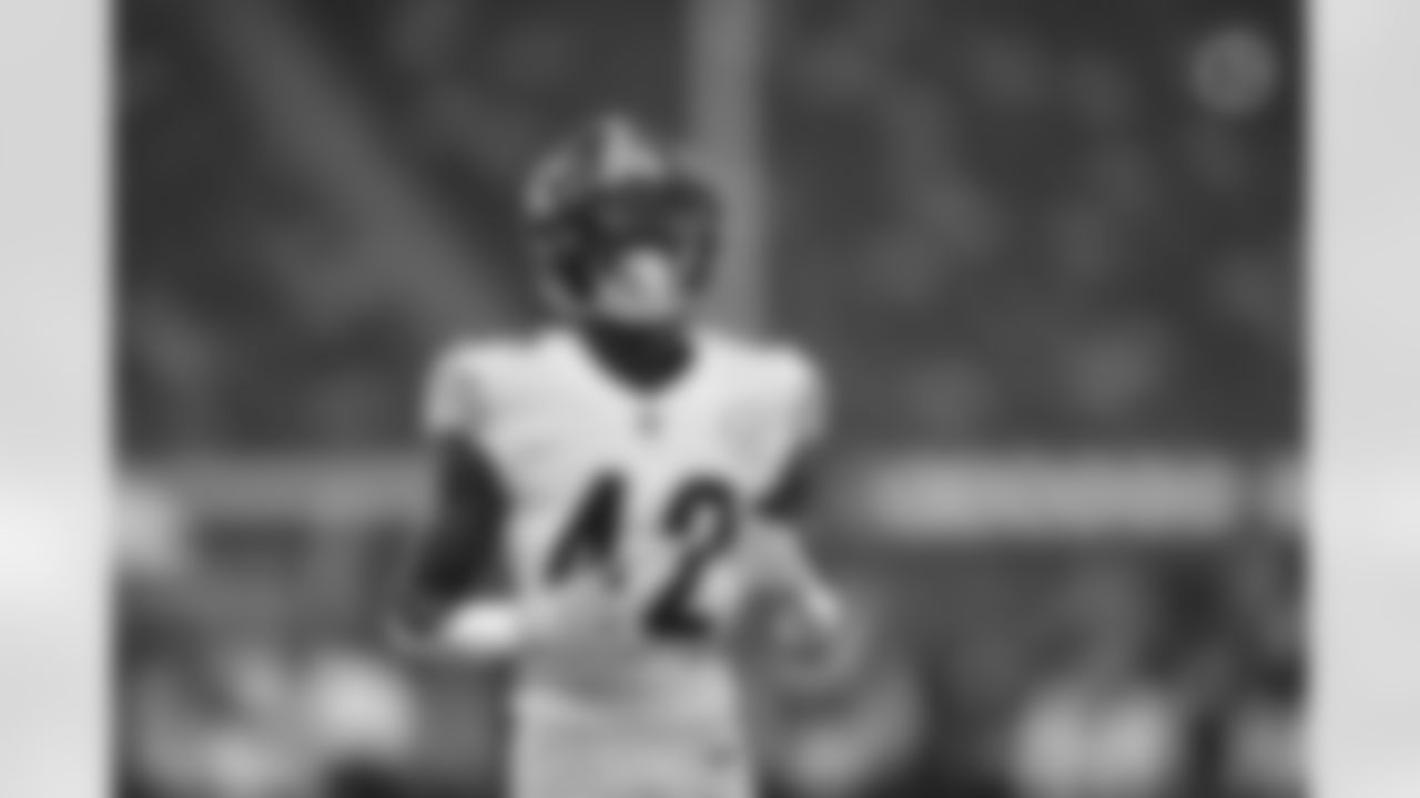 Pittsburgh Steelers cornerback James Pierre (42) warms up before a regular season game between the Pittsburgh Steelers and the New York Giants, Monday, Sept. 14, 2020 in East Rutherford, NJ. (Karl Roser / Pittsburgh Steelers)