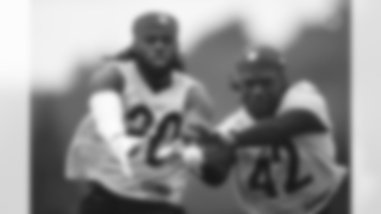 Pittsburgh Steelers cornerback DeMarkus Acy (30) and Pittsburgh Steelers defensive back James Pierre (42) participate in the Organized Team Activities (OTAs), Wednesday June 9, 2021 at the UPMC Rooney Sports Complex. (Karl Roser / Pittsburgh Steelers)