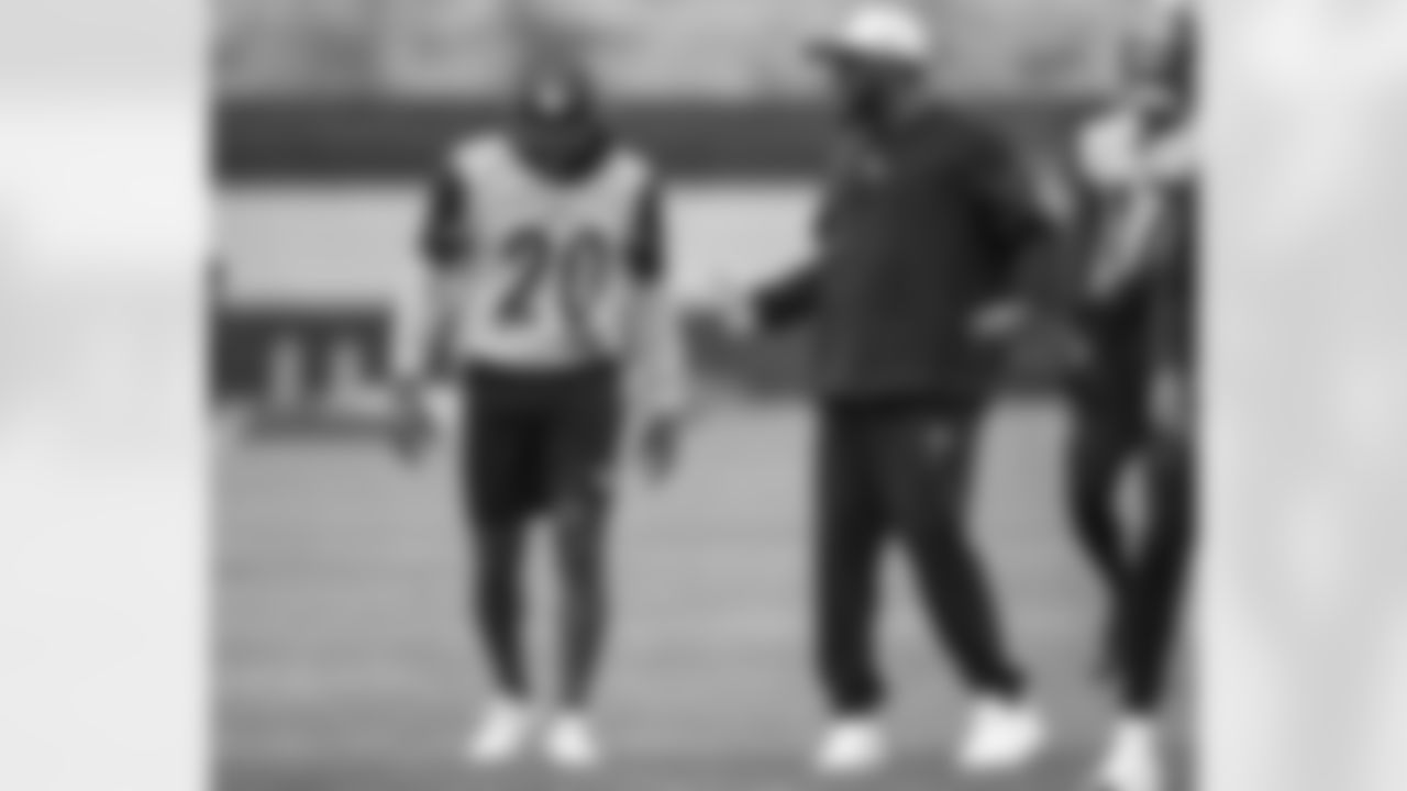 Pittsburgh Steelers cornerback Patrick Peterson (20) and Pittsburgh Steelers head coach Mike Tomlin during practice at the UPMC Rooney Sports Complex preparing for a Week 8 matchup against the Jacksonville Jaguars Thursday, Oct. 26, 2023 in Pittsburgh, PA. (Karl Roser / Pittsburgh Steelers)
