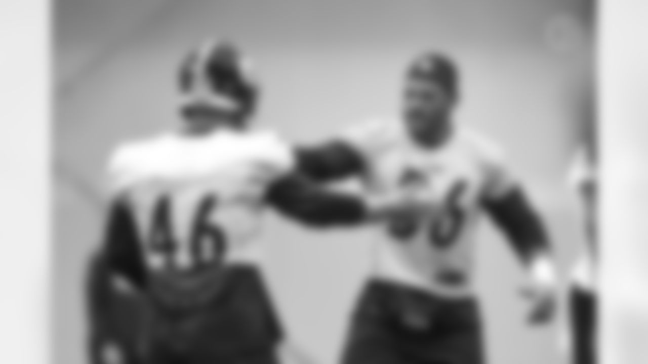 Pittsburgh Steelers long snapper Christian Kuntz (46) and Pittsburgh Steelers linebacker Alex Highsmith (56) during practice at the UPMC Rooney Sports Complex on Tuesday, Aug. 30, 2022 in Pittsburgh, PA. (Abigail Dean / Pittsburgh Steelers)