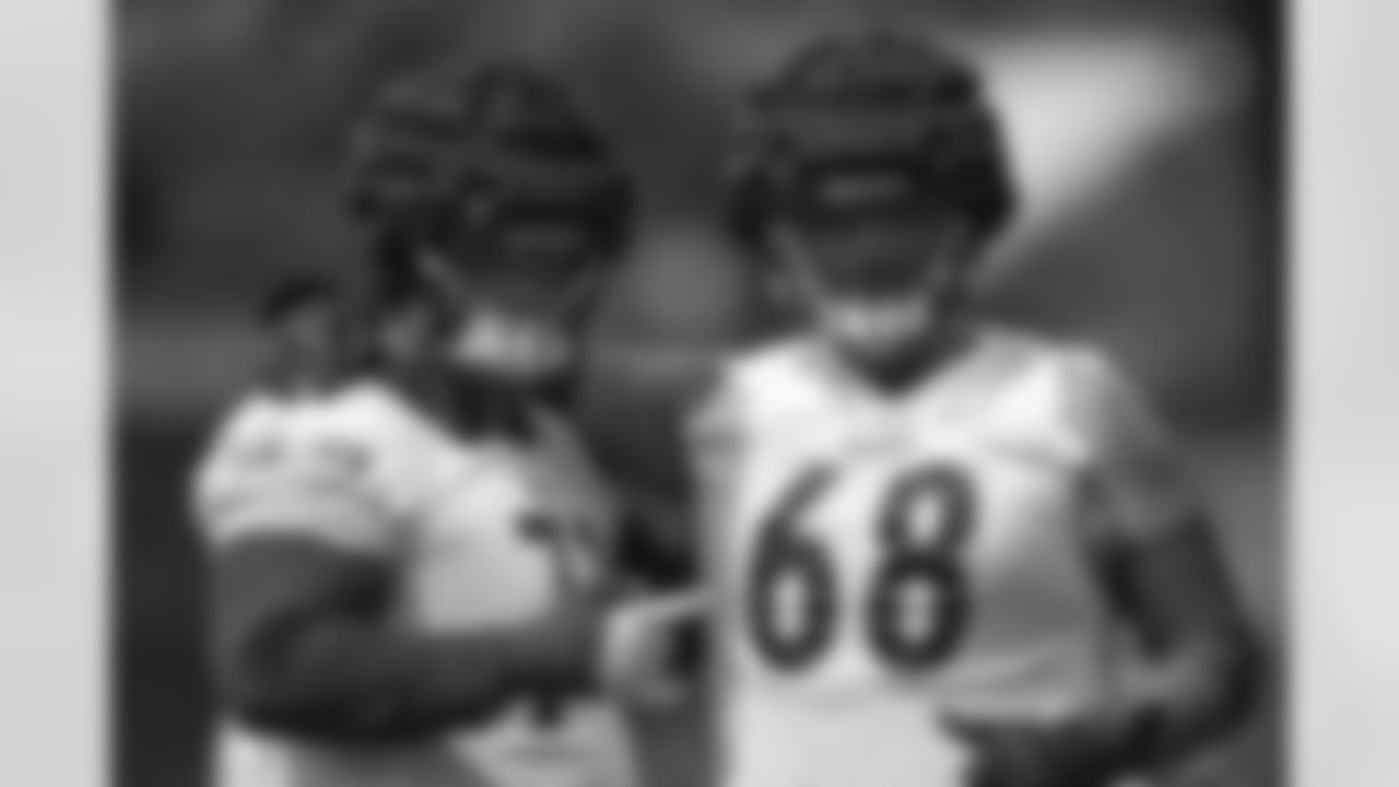 Pittsburgh Steelers guard Nate Herbig (71) and Pittsburgh Steelers guard William Dunkle (68) train at Saint Vincent College during the 2023 Steelers Training Camp on Friday, July 28, 2023 in Latrobe, PA. (Karl Roser / Pittsburgh Steelers)