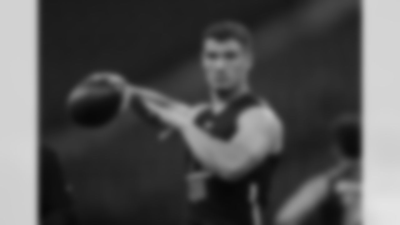 North Carolina quarterback Mitch Trubisky throws a pass during the 2017 NFL Scouting Combine at Lucas Oil Stadium on Saturday, March 4, 2017 in Indianapolis. (Ben Liebenberg via AP)