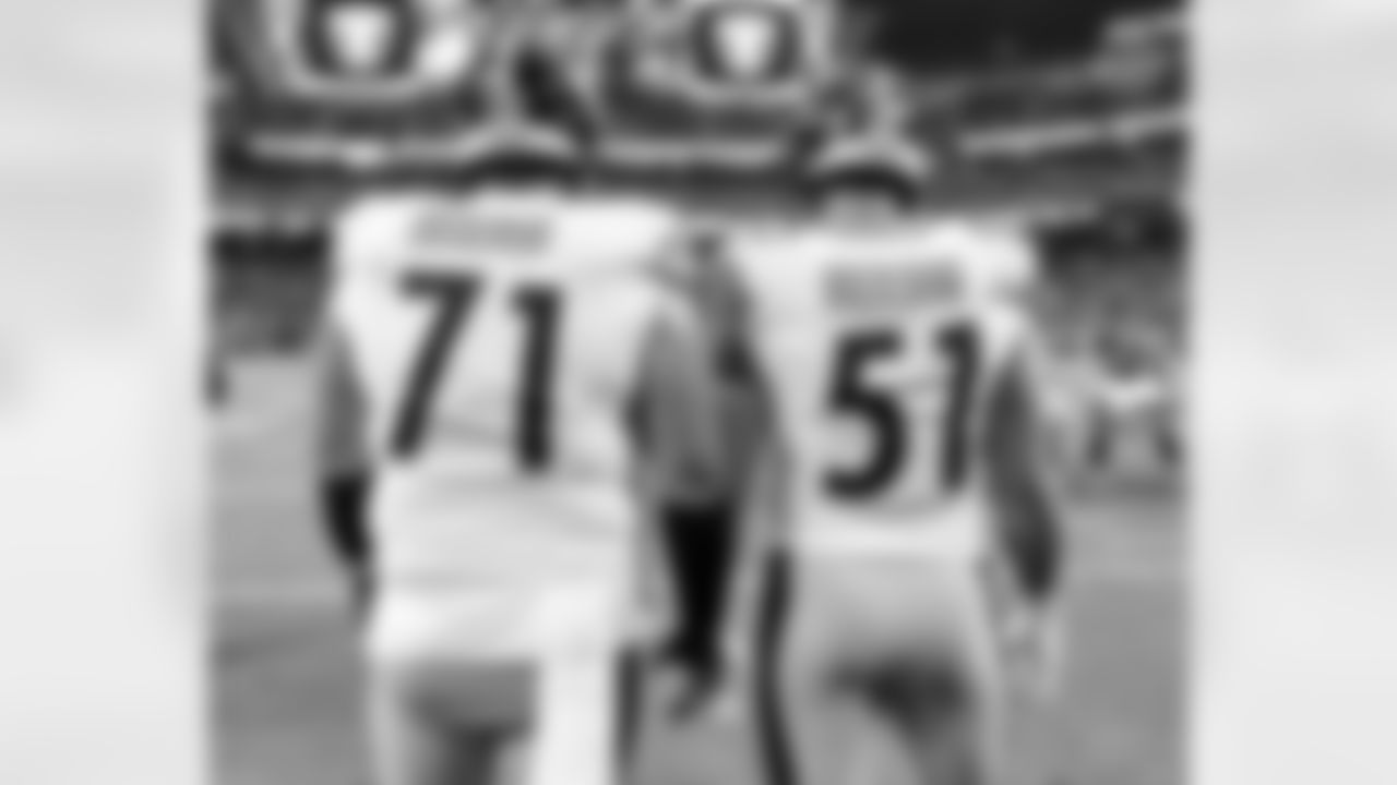Pittsburgh Steelers guard Nate Herbig (71) and Pittsburgh Steelers linebacker Nick Herbig (51) during a regular season game between the Pittsburgh Steelers and the Las Vegas Raiders, Sunday, Sept. 24, 2023 in Las Vegas, NV. (Karl Roser / Pittsburgh Steelers)