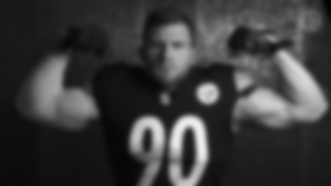 Pittsburgh Steelers linebacker T.J. Watt (90) poses for a photo during the Steelers 2021 media day, Saturday, July 24, 2021 in Pittsburgh, PA. (Karl Roser / Pittsburgh Steelers)