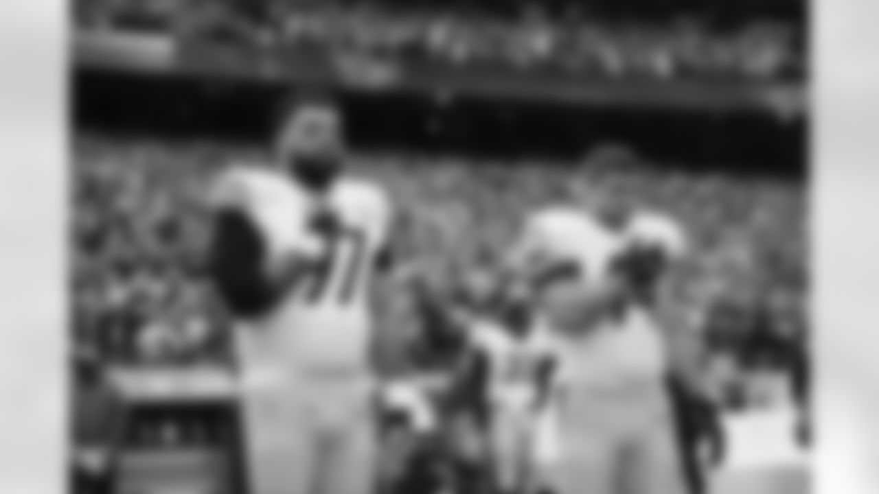 Pittsburgh Steelers defensive tackle Cameron Heyward (97) and Pittsburgh Steelers fullback Derek Watt (44) during a regular season game between the Pittsburgh Steelers and the Kansas City Chiefs, Sunday, Dec. 26, 2021 in Kansas City, MO. (Karl Roser / Pittsburgh Steelers)