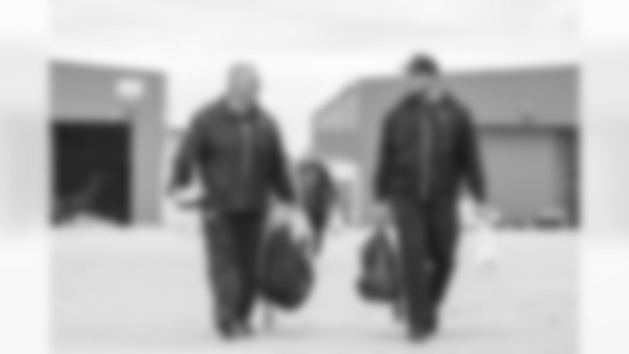 Pittsburgh Steelers offensive line coach Pat Meyer and Pittsburgh Steelers offensive lineman Mason Cole (61) travel to Tampa Bay for the Week 1 preseason matchup against the Tampa Bay Buccaneers, Thursday, Aug. 10, 2023. (Karl Roser / Pittsburgh Steelers)