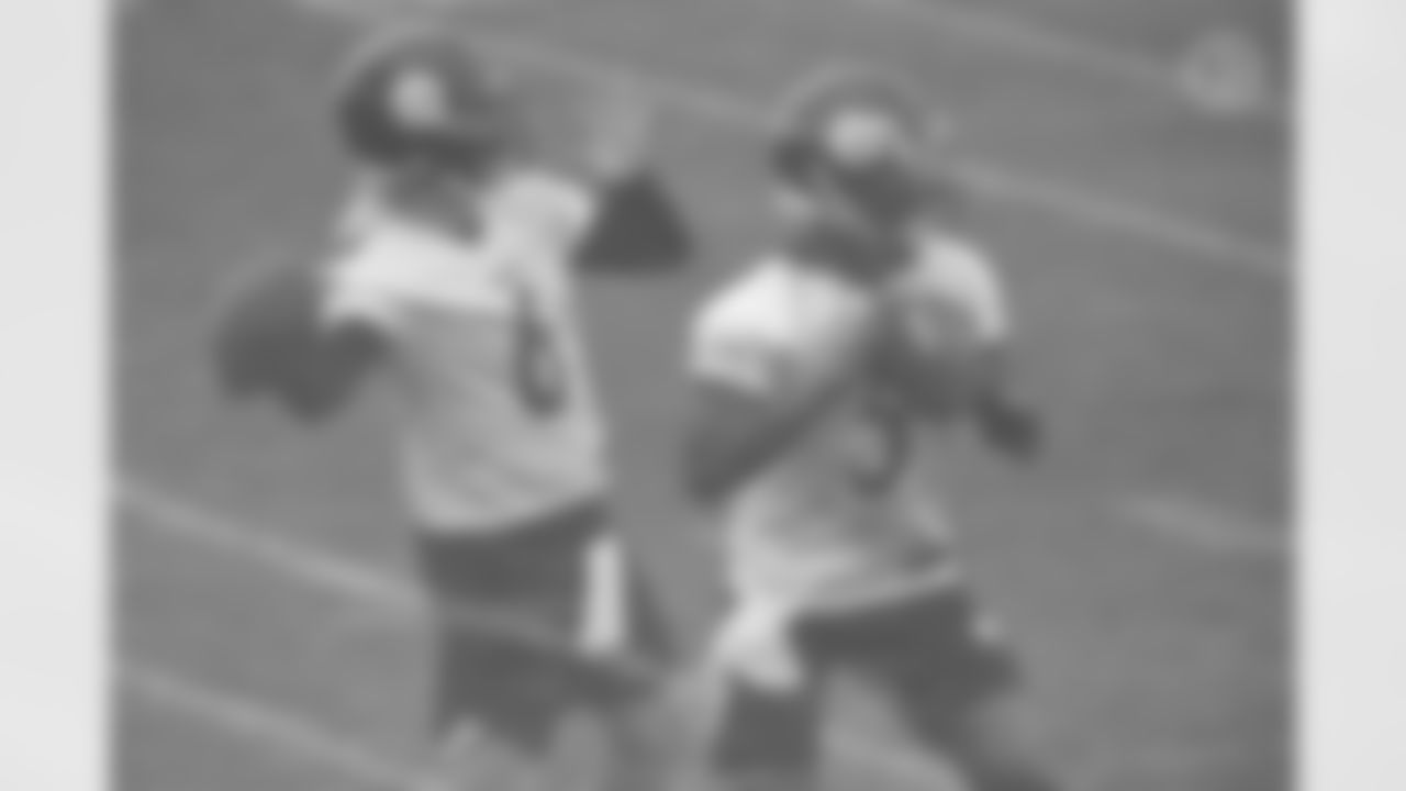 Pittsburgh Steelers quarterback Devlin Hodges (6) and Pittsburgh Steelers quarterback Joshua Dobbs (5) practice at the UPMC Rooney Sports Complex preparing for a Week 1 matchup against the New York Giants, Friday, Sept. 11, 2020 in Pittsburgh, PA. (Caitlyn Epes / Pittsburgh Steelers)