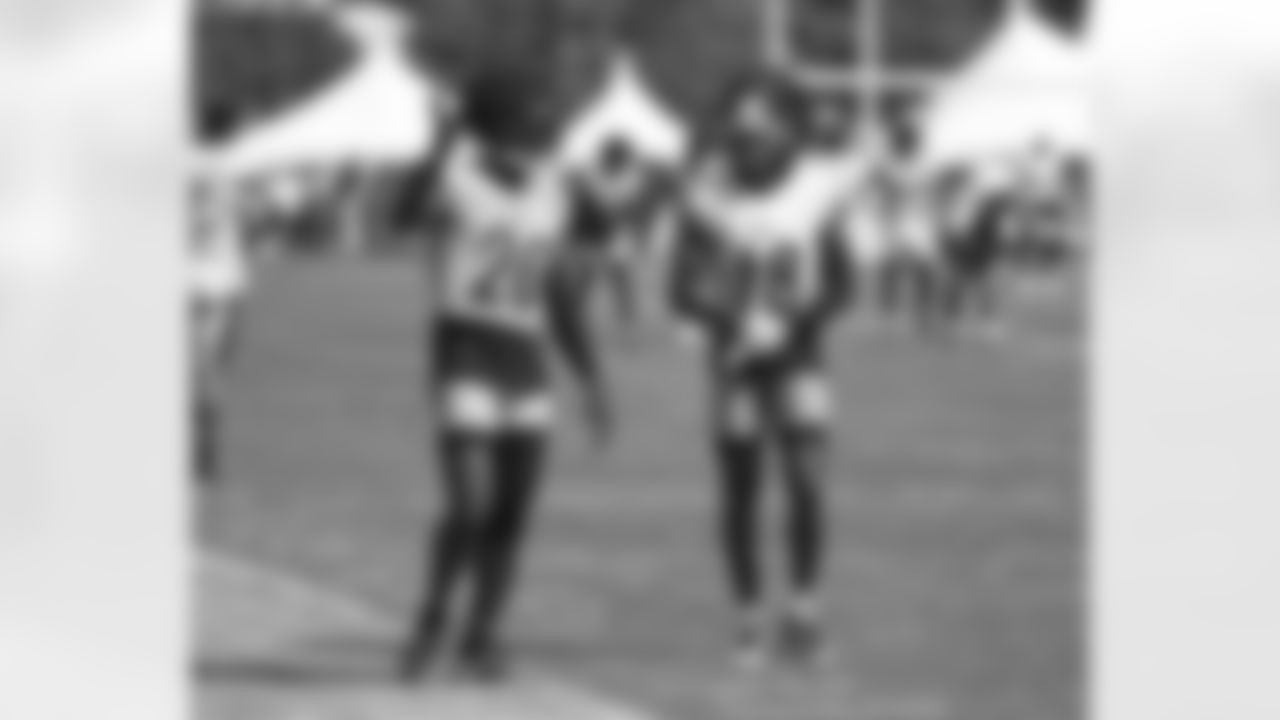 Pittsburgh Steelers cornerback Patrick Peterson (20) and Pittsburgh Steelers wide receiver Diontae Johnson (18) train at Saint Vincent College during the 2023 Steelers Training Camp on Tuesday, Aug. 15, 2023 in Latrobe, PA. (Karl Roser / Pittsburgh Steelers)