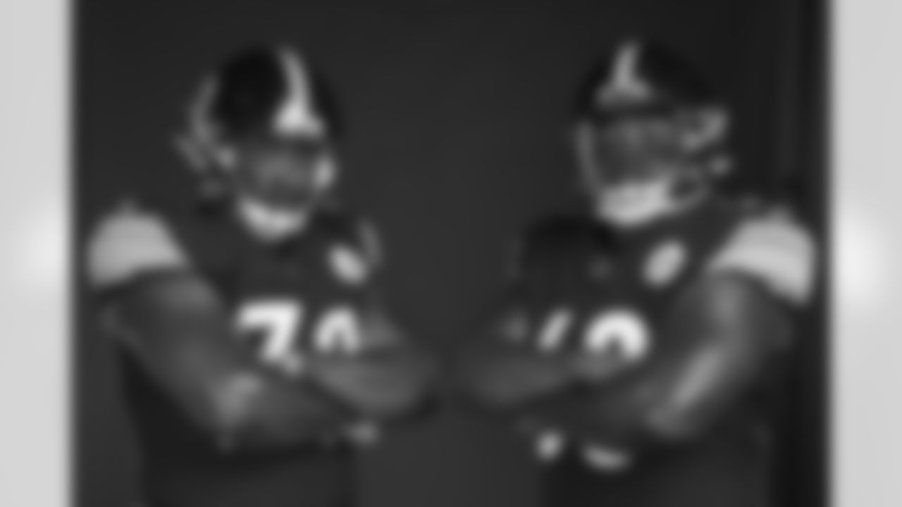 Pittsburgh Steelers defensive tackle Carlos Davis (73) and defensive tackle Khalil Davis (68) pose for a photo during the Pittsburgh Steelers 2022 media day, on Thursday, July 28, 2022 in Latrobe, PA. (Karl Roser / Pittsburgh Steelers)