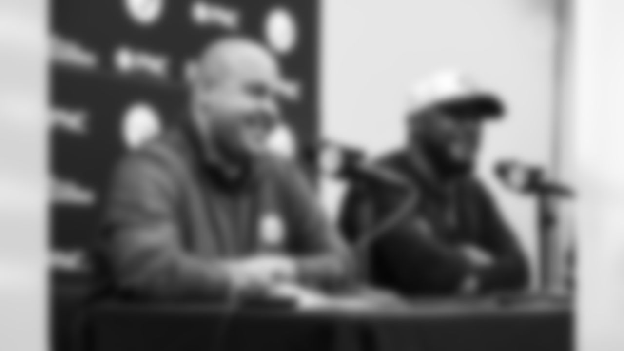 Pittsburgh Steelers head coach Mike Tomlin and Pittsburgh Steelers general manager Omar Khan speak at a press conference following the 2023 NFL Draft at the UPMC Rooney Sports Complex, Saturday, April 29, 2023 in Pittsburgh, PA. (Abigail Dean / Pittsburgh Steelers)