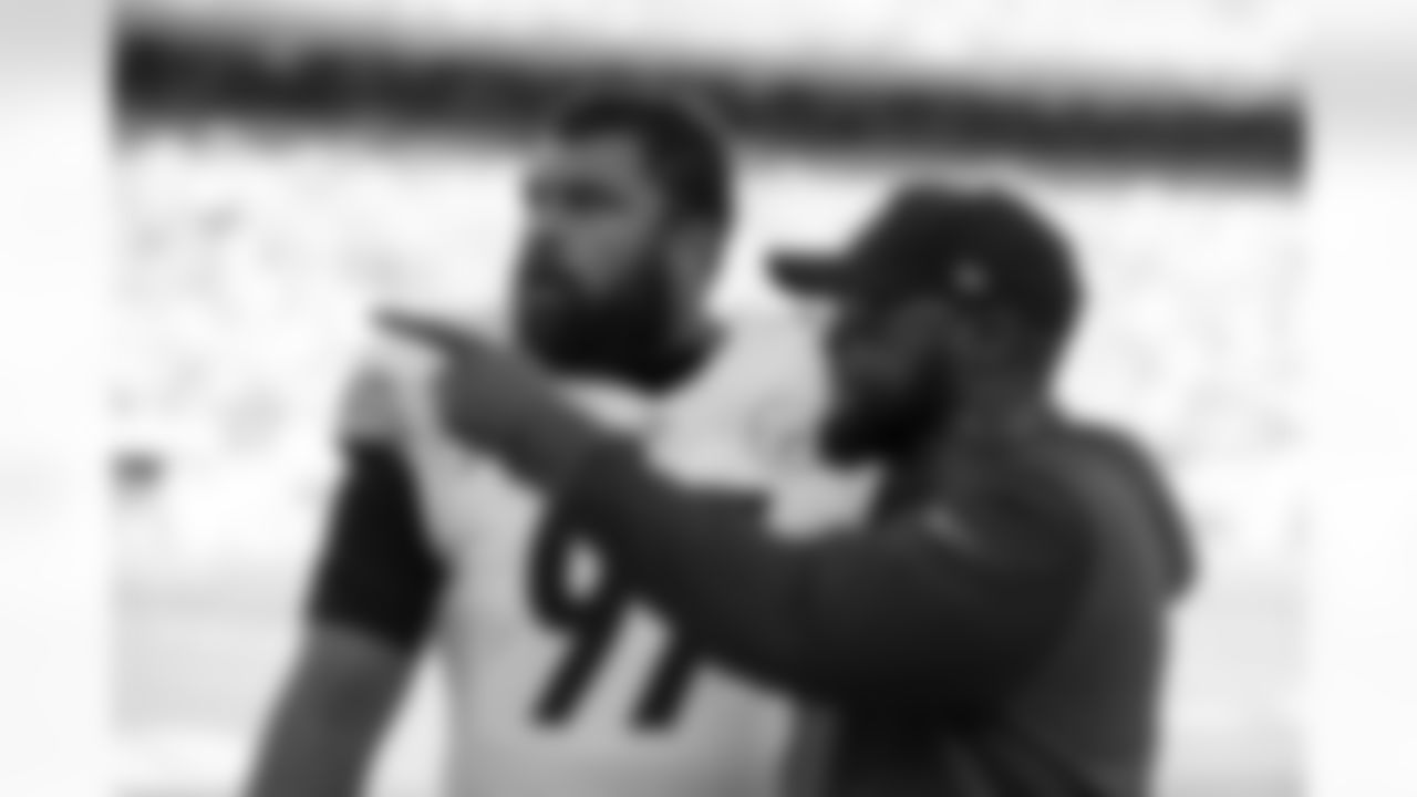 Pittsburgh Steelers defensive tackle Cameron Heyward (97) and Pittsburgh Steelers Head Coach Mike Tomlin during a regular season game between the Pittsburgh Steelers and the Cleveland Browns, Sunday, Oct. 31, 2021 in Cleveland, OH. The Steelers beat the Browns 15-10. (Karl Roser / Pittsburgh Steelers)