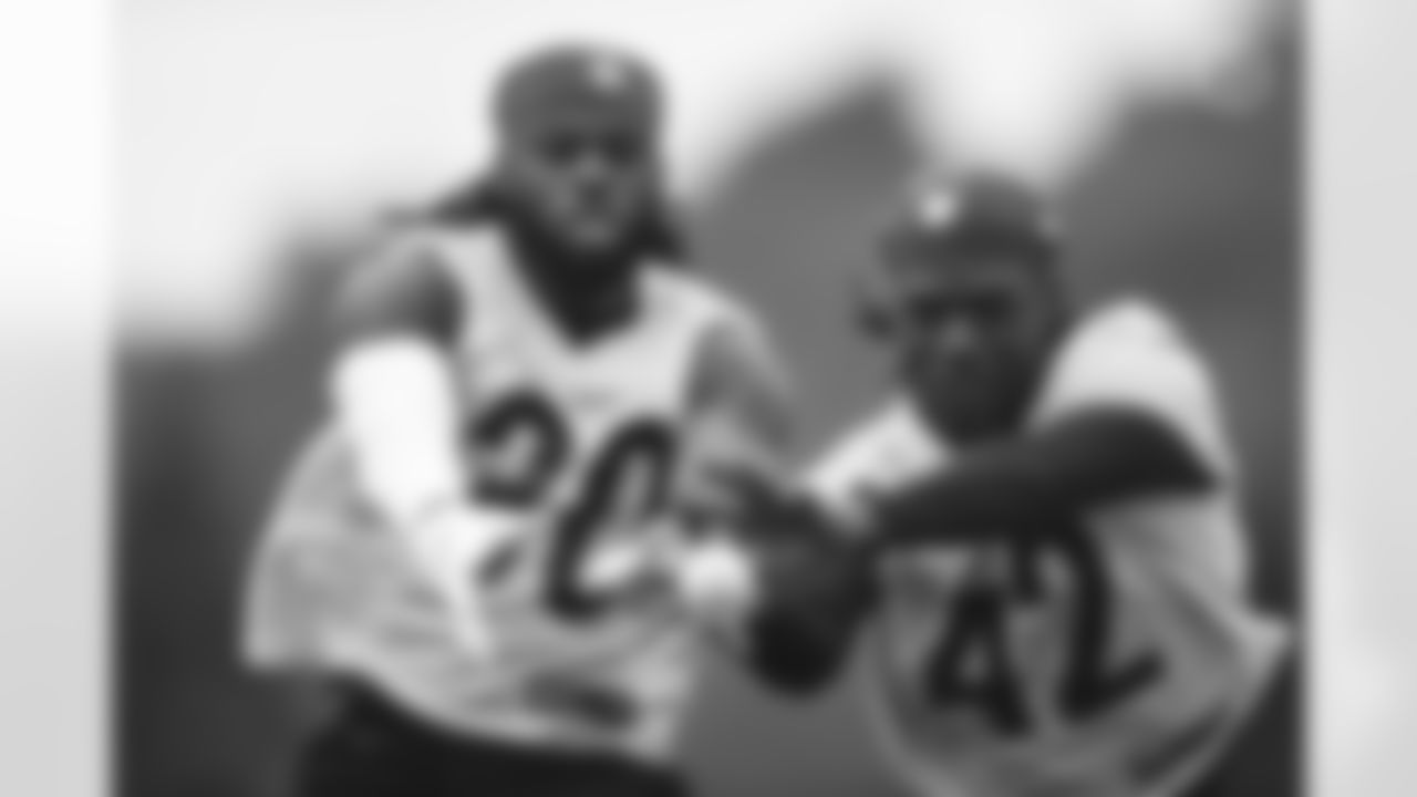 Pittsburgh Steelers cornerback DeMarkus Acy (30) and Pittsburgh Steelers defensive back James Pierre (42) participate in the Organized Team Activities (OTAs), Wednesday June 9, 2021 at the UPMC Rooney Sports Complex. (Karl Roser / Pittsburgh Steelers)