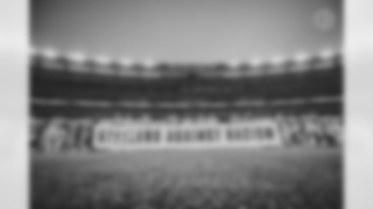 The Pittsburgh Steelers hold up a banner during the national anthem prior to a regular season game between the Pittsburgh Steelers and the New York Giants, Monday, Sept. 14, 2020 in East Rutherford, NJ. The Steelers defeated the Giants 26-16. (Karl Roser / Pittsburgh Steelers)