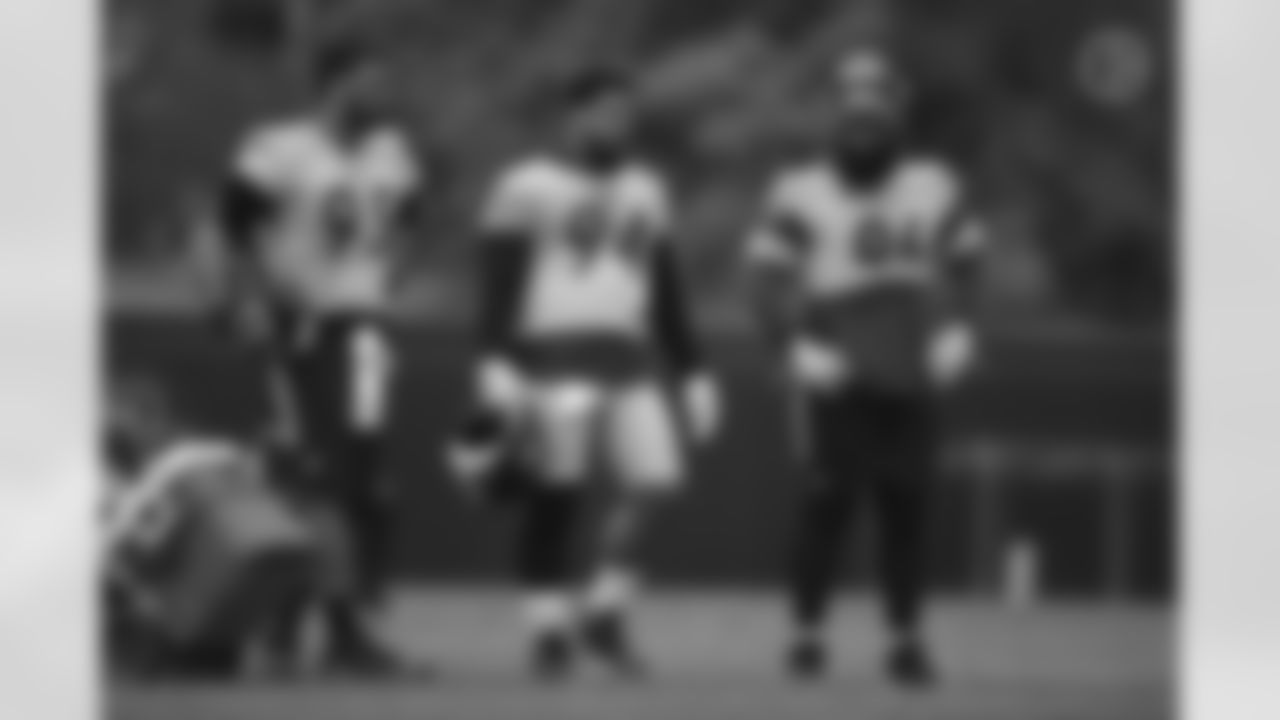 Pittsburgh Steelers nose tackle Chris Wormley (95), Pittsburgh Steelers defensive end Tyson Alualu (94) and Pittsburgh Steelers defensive end Isaiah Buggs (96) practice at the UPMC Rooney Sports Complex preparing for a Week 3 matchup against the Houston Texans, Thursday, Sept. 24, 2020 in Pittsburgh, PA. (Karl Roser / Pittsburgh Steelers)
