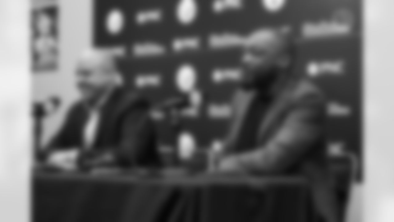 Pittsburgh Steelers Head Coach Mike Tomlin and General Manager Omar Khan speak at a press conference following the first-round selection during the NFL Draft at the UPMC Rooney Sports Complex, Thursday, April 27, 2023 in Pittsburgh, PA. (Abigail Dean / Pittsburgh Steelers)