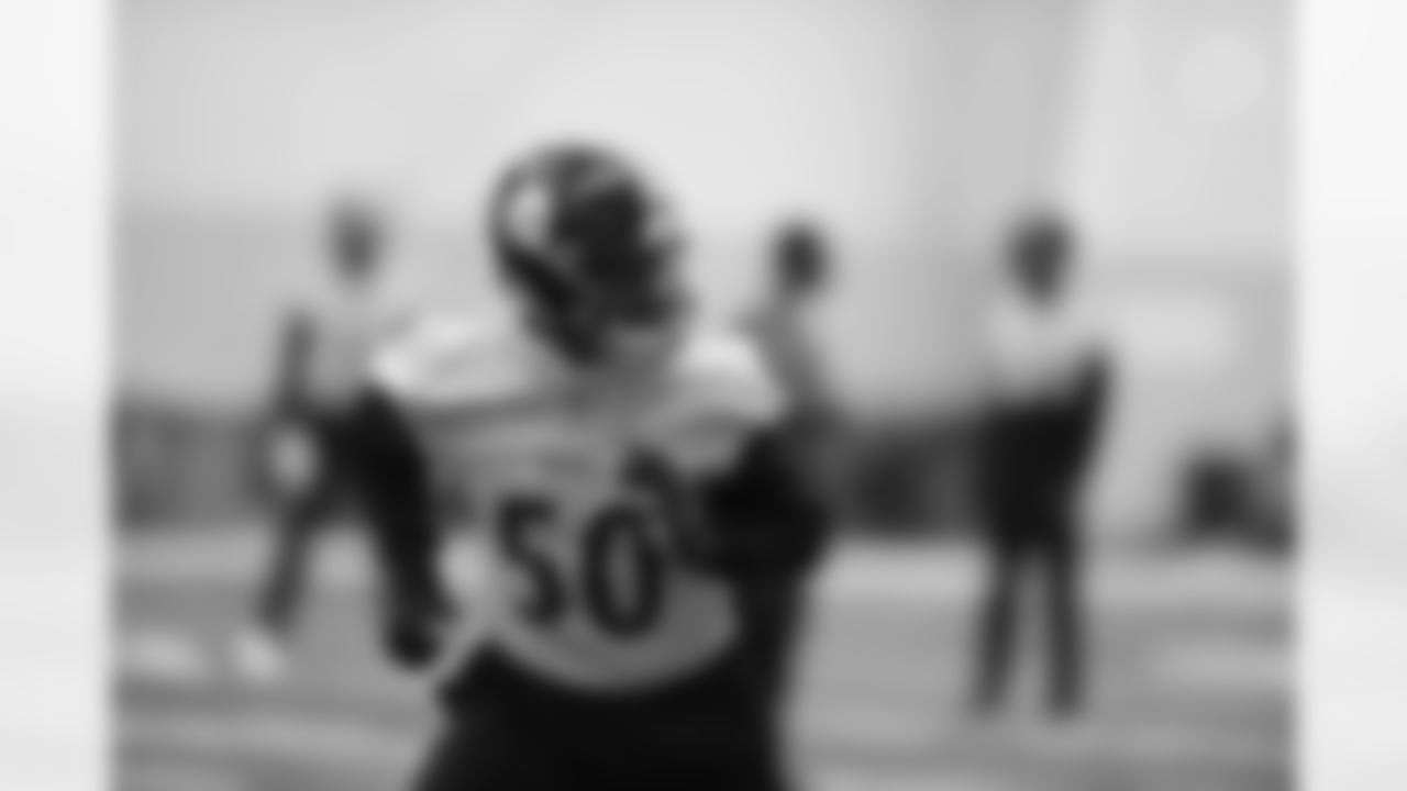 Pittsburgh Steelers linebacker Delontae Scott (50) during practice at the UPMC Rooney Sports Complex preparing for a Week 17 matchup against the Cleveland Browns, Saturday, Jan. 1, 2022 in Pittsburgh, PA. (Karl Roser / Pittsburgh Steelers)