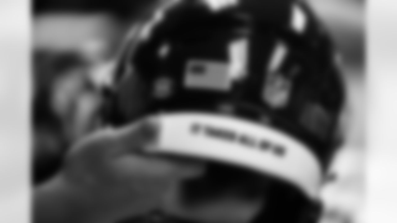 A Sept. 8, 2020 image of Social Justice Message stickers being applied to the Houston Texans' helmets before the Week 1 game at Kansas City.